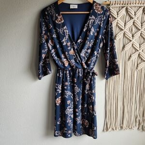 Everly Floral Faux-Wrap Dress | Dark Teal Tie-Waist 3/4 Sleeve | Size M